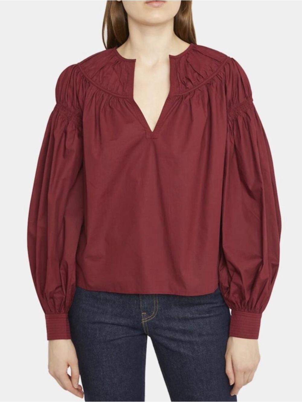 Ulla Johnson Maroon Cotton Pintuck Blouse Puff Long Sleeve Peasant Top, XS, NWOT